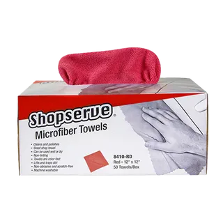 Shopserve® Microfiber Towels in Dispensing Box, 12" x 12", Box of 50, Red