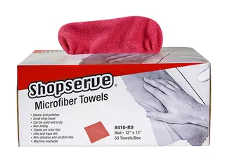 Shopserve® Microfiber Towels in Dispensing Box, 12" x 12", Box Of 50, Red 8410RD