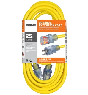 Prime Wire Jobsite® SJTW Lighted Extension Cord 25ft 12/3, Yellow