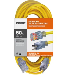 Prime Wire Jobsite® SJTW Lighted Extension Cord 50ft 12/3, Yellow